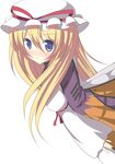  2011_sendai_earthquake_and_tsunami bad_id bad_pixiv_id blonde_hair blue_eyes dress hat highres long_hair simple_background solo touhou tsujishiro_naohitagi yakumo_yukari 