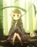 bamboo bamboo_forest bamboo_shoot blonde_hair blush brown_eyes bunbun cape forest leaf multiple_girls nature original personification sitting 