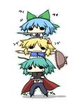  antennae blonde_hair blue_hair bow cape chibi cirno dress green_hair hair_bow hat hat_removed headwear_removed holding holding_hat human_tower ice kurokoori multiple_girls no_mouth no_nose o_o pants rumia simple_background stacking touhou wavy_mouth wide_face wriggle_nightbug 