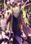  bad_id bad_pixiv_id blonde_hair covering_mouth dress fan folding_fan frills gathers hanibi hat hat_ribbon long_hair paint purple_eyes ribbon solo touhou yakumo_yukari 