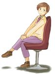  blue_eyes brown_hair chair crossed_legs formal glee kurt_hummel male_focus necktie no_socks sitting solo striped suit vertical_stripes yazuru 