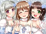  amami_haruka brown_hair closed_eyes gloves green_hair hagiwara_yukiho hair_ornament idolmaster idolmaster_(classic) kagami_yuu long_hair multiple_girls one_eye_closed red_eyes shijou_takane silver_hair snowflake_hair_ornament snowflake_liliput snowflakes 