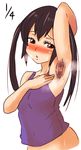  arm_up armpit_hair armpits bad_id bad_pixiv_id black_hair blush brown_eyes k-on! nakano_azusa solo tank_top twintails yokkora 