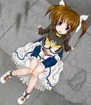  :d arm_support belt blue_eyes boots brooch brown_hair dutch_angle fingerless_gloves flat_chest from_above gloves hair_ribbon jewelry looking_up lyrical_nanoha magical_girl mahou_shoujo_lyrical_nanoha on_ground open_mouth raising_heart ribbon scharfschutze short_hair short_twintails sitting skirt smile solo takamachi_nanoha twintails 