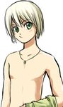  blonde_hair earrings green_eyes hoop_earrings jewelry lowres nuriko-kun original shirtless solo 