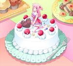  bad_id bad_pixiv_id cake candy chocolate chocolate_heart cookie cupcake eloosia english food food_themed_hair_ornament fork fruit full_body gloves hair_ornament hairpin heart kneeling leotard long_hair one_eye_closed original pink_eyes pink_hair pink_legwear pink_leotard plate solo star strawberry strawberry_hair_ornament thighhighs twintails 