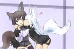  animal_ears black_hair blue_eyes collar foxgirl kiss nanako_(shiroganeusagi) original photoshop shiroganeusagi short_hair tail white_hair 