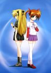  absurdres bardiche blonde_hair boots fate_testarossa footwear highres lyrical_nanoha mahou_shoujo_lyrical_nanoha purple_eyes raising_heart red_eyes red_hair ribbon ribbons socks takamachi_nanoha thighhighs twintails 