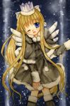  air blonde_hair blue_eyes crown hinokami_sakura kamio_misuzu long_hair one_eye_closed ponytail solo very_long_hair wings winter_clothes 