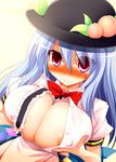  alternate_breast_size areola_slip areolae blush bowler_hat breast_lift breast_squeeze breasts center_opening food fruit hat hinanawi_tenshi huge_breasts kurikara long_hair open_clothes open_shirt peach red_eyes shirt solo tears touhou unbuttoned 