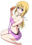  bad_id bad_pixiv_id bikini blonde_hair bottle bow breast_hold breasts charlotte_dunois cleavage gdgdcat hair_bow highres infinite_stratos jewelry long_hair medium_breasts navel necklace purple_eyes sitting solo swimsuit untied wariza 
