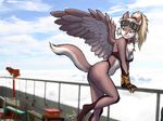  blonde_hair brown canine chest_tuft cleavage dog dr_comet female gloves goggles hair looking_over_shoulder orange_eyes ponytail skimpy solo standing tail tight_clothing wings 