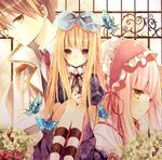  bad_id bad_pixiv_id blonde_hair bow bug butterfly flower gothic_lolita hair_bow insect lolita_fashion multiple_girls original ringo_komachi striped 