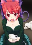  absurdres adapted_costume animal_ears braid breasts cat_ears cat_tail cleavage extra_ears fangs highres kaenbyou_rin large_breasts long_hair mutenka open_mouth red_eyes red_hair skull solo tail touhou twin_braids twintails 