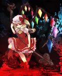  awa_toka bad_id bad_pixiv_id blonde_hair blood dress flandre_scarlet hat laevatein red_dress red_eyes ribbon shoes side_ponytail smile solo touhou weapon wings 