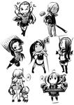  chibi greyscale highres kayle league_of_legends monochrome morgana multiple_girls nidalee sarah_fortune school_uniform sivir soraka 