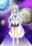  ahoge antenna_hair bad_feet bad_id bad_pixiv_id bare_shoulders barefoot blue_eyes blue_hair blush bow denpa_onna_to_seishun_otoko earth haru_freak long_hair moon off_shoulder school_uniform signal skirt smile solo space touwa_erio very_long_hair 