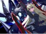  :&lt; akaga_hirotaka arcana_heart arcana_heart_3 arm_up bangs black_legwear blush bow bowtie bracer fighting_stance frown gloves glowing leg_up long_hair magic mecha official_art pantyhose red_eyes school_uniform skirt solo sword very_long_hair weapon weiss white_hair 