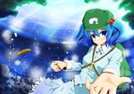  absurdres backpack bag blue_eyes blue_hair blush bubble cattail foreshortening hair_bobbles hair_ornament hat highres kawashiro_nitori key kuroneko_yama outstretched_hand plant short_hair smile solo touhou two_side_up underwater water 