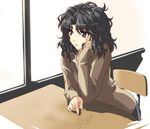  ai_ai_gasa amagami black_eyes black_hair chair chin_rest desk kibito_high_school_uniform long_sleeves makisige messy_hair school_desk school_uniform short_hair solo tanamachi_kaoru wavy_hair window 