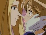  allen_schezar blonde_hair blue_eyes blush brown_hair couple eye_contact gloves green_eyes hand_on_face incipient_kiss kanzaki_hitomi lips lipstick long_hair short_hair tenkuu_no_escaflowne 