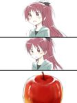  apple blush comic food fruit hana_azuki holding holding_food holding_fruit long_hair mahou_shoujo_madoka_magica ponytail red_eyes red_hair sakura_kyouko 
