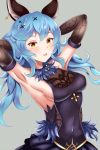  1girl animal_ears arlonn armpits arms_behind_head blue_hair breasts covered_navel ferry_(granblue_fantasy) granblue_fantasy grey_background hair_ornament highres long_hair looking_at_viewer medium_breasts open_mouth sideboob simple_background solo x_hair_ornament yellow_eyes 