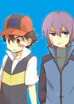  2boys annoyed black_hair child hat lowres male male_focus multiple_boys pokemon pokemon_(anime) purple_hair satoshi_(pokemon) shinji_(pokemon) 