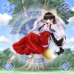  animal_ears black_hair brown_eyes cloud day eichikei_(hakuto) forest fox_ears fox_tail japanese_clothes long_hair miko mouth_hold nature original sky slit_pupils solo tabi tail tree 