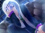  alternate_hairstyle amaha_tsubasa artist_request blue_hair couch covering_one_eye dutch_angle frown game_cg hand_over_face long_sleeves looking_at_viewer male_focus sitting solo starry_sky_(game) wavy_hair 