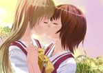  2girls alternate_hairstyle blonde_hair brown_hair eyes_closed hand_holding kashimashi kiss kissing kurusu_tomari long_hair multiple_girls osaragi_hazumu red_hair ribbon school_uniform short_hair yuri 