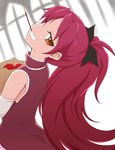  apple bare_shoulders brown_eyes detached_sleeves food fruit grin head_tilt highres long_hair looking_back magical_girl mahou_shoujo_madoka_magica mouth_hold noriki_aonori orange_eyes pocky ponytail red_hair sakura_kyouko shopping smile smirk solo upper_body 