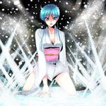  blue_eyes blue_hair ice japanese_clothes jigoku_sensei_nube jojon kimono kneeling sad short_hair short_kimono sidelocks skirt snow solo yukime_(jigoku_sensei_nube) 