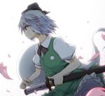  blue_eyes cherry_blossoms foreshortening ghost hitodama katana konpaku_youmu konpaku_youmu_(ghost) light paprika_(artist) petals profile scabbard sheath sheathed short_hair silver_hair simple_background solo sword touhou unsheathing upper_body weapon white_hair 