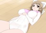  breasts brown_eyes brown_hair erect_nipples female gym hair_ornament hair_ribbon highres kusaka_souji large_breasts lips lying mound_of_venus no_pants ribbon short_hair solo 