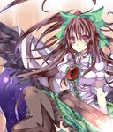  arm_cannon ascot bow cape green_bow hair_bow heath41 long_hair open_mouth red_eyes reiuji_utsuho solo thighhighs touhou weapon wings 