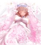  amami_haruka blue_flower blue_rose brown_hair closed_eyes dress elbow_gloves flower gloves idolmaster idolmaster_(classic) jewelry kamashy petals ring rose short_hair solo veil wedding_dress wedding_ring wide_hips 