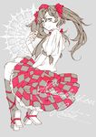  black_hair black_legwear cellphone cellphone_camera character_name checkered checkered_skirt geta grey_eyes hair_ribbon hat himekaidou_hatate phone pointy_ears ribbon shirt skirt smile socks solo touhou twintails uram white_shirt 