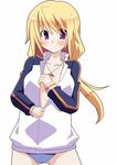  bad_id bad_pixiv_id blonde_hair blush charlotte_dunois hujikok infinite_stratos jacket jewelry long_hair necklace purple_eyes solo track_jacket undressing unzipping 