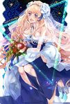  bad_id bad_pixiv_id bare_shoulders blonde_hair blue_eyes bouquet bridal_veil bride choker detached_sleeves dress feathers flower gloves hair_flower hair_ornament highres jewelry katsu_ryouji lace long_hair macross macross_frontier open_mouth rose sheryl_nome single_earring sitting smile solo strapless strapless_dress tiara veil wedding_dress white_flower white_rose 