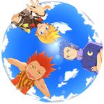  bad_id bad_pixiv_id blonde_hair blue_eyes blue_hair cloud day green_eyes highres isa_(kingdom_hearts) kingdom_hearts kingdom_hearts_birth_by_sleep lea_(kingdom_hearts) male_focus multiple_boys okitsune_(okitsune-sama) red_hair scarf sky ventus 