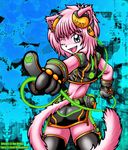  aeris_(vg_cats) back blue_eyes cat feline female hair headphones ken_mebus looking_at_viewer midriff over_the_shoulder pink pink_hair short_hair short_pink_hair solo tail vgcats 