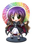  blush brown_hair cape chibi dress faux_figurine gradient_hair highres hijiri_byakuren long_hair multicolored_hair open_mouth purple_hair scroll shinjitsu smile solo sorcerer's_sutra_scroll touhou yellow_eyes 