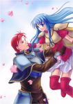  aqua_eyes aqua_hair armor blue_eyes blue_hair boots cape carrying couple eirika eye_contact fire_emblem fire_emblem:_seima_no_kouseki fire_emblem_sacred_stones gloves knight long_hair looking_at_another love open_mouth petals princess red_eyes red_hair seth short_hair skirt smile thigh_boots thighhighs 