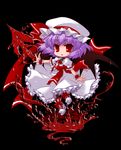  :o ascot bangs black_background blood boots chibi chino_(ch_no) cross-laced_footwear dress frilled_dress frilled_sleeves frills full_body gown hat hat_ribbon hemokinesis lace-up_boots looking_at_viewer mob_cap outstretched_arms outstretched_hand polearm purple_hair red_eyes remilia_scarlet ribbon sash short_hair simple_background solo spear spear_the_gungnir touhou weapon white_dress white_footwear white_hat wings wrist_cuffs 