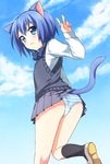  :3 animal_ears blue_eyes blue_hair blush bow cat_ears cat_tail cloud day kneehighs legs looking_back onka original panties pantyshot school_uniform shoes short_hair skirt sky solo striped striped_panties sweater_vest tail underwear usashiro_mani uwabaki v 