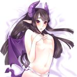  black_hair blush breast_suppress demon_girl demon_tail demon_wings flat_chest highres horns kazane_chinya long_hair navel nipples original panties pointy_ears purple_eyes sakkyun_(kazane_chinya) solo succubus tail underwear wings 