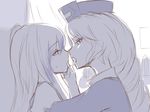  against_wall bad_id bad_pixiv_id braid couple face hat kamishirasawa_keine kiss long_hair monochrome multiple_girls nurse_cap profile saliva saliva_trail sketch tongue touhou volkies yagokoro_eirin yuri 