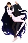  1girl barefoot black_hair blood boogiepop breasts clothed_male_nude_female feet highres long_hair manticore mechanical_pencil medium_breasts nude pale_skin pencil saotome_masami school_uniform sideboob tsukuru_(seki_sabato) vampire very_long_hair yellow_eyes 