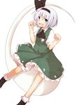  ascot black_hairband blue_eyes blush bow commentary dress dress_shirt frilled_legwear ghost green_dress hair_bow hairband highres hitodama katanakko_daisuki konpaku_youmu konpaku_youmu_(ghost) shirt shoes silver_hair skirt socks solo touhou vest white_legwear 